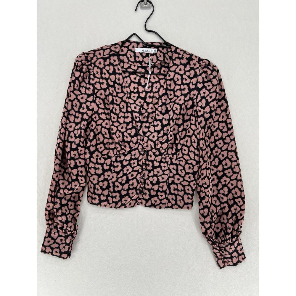 e.ssue Leopard Print Crop Top Womens Small Pink Black Button Front